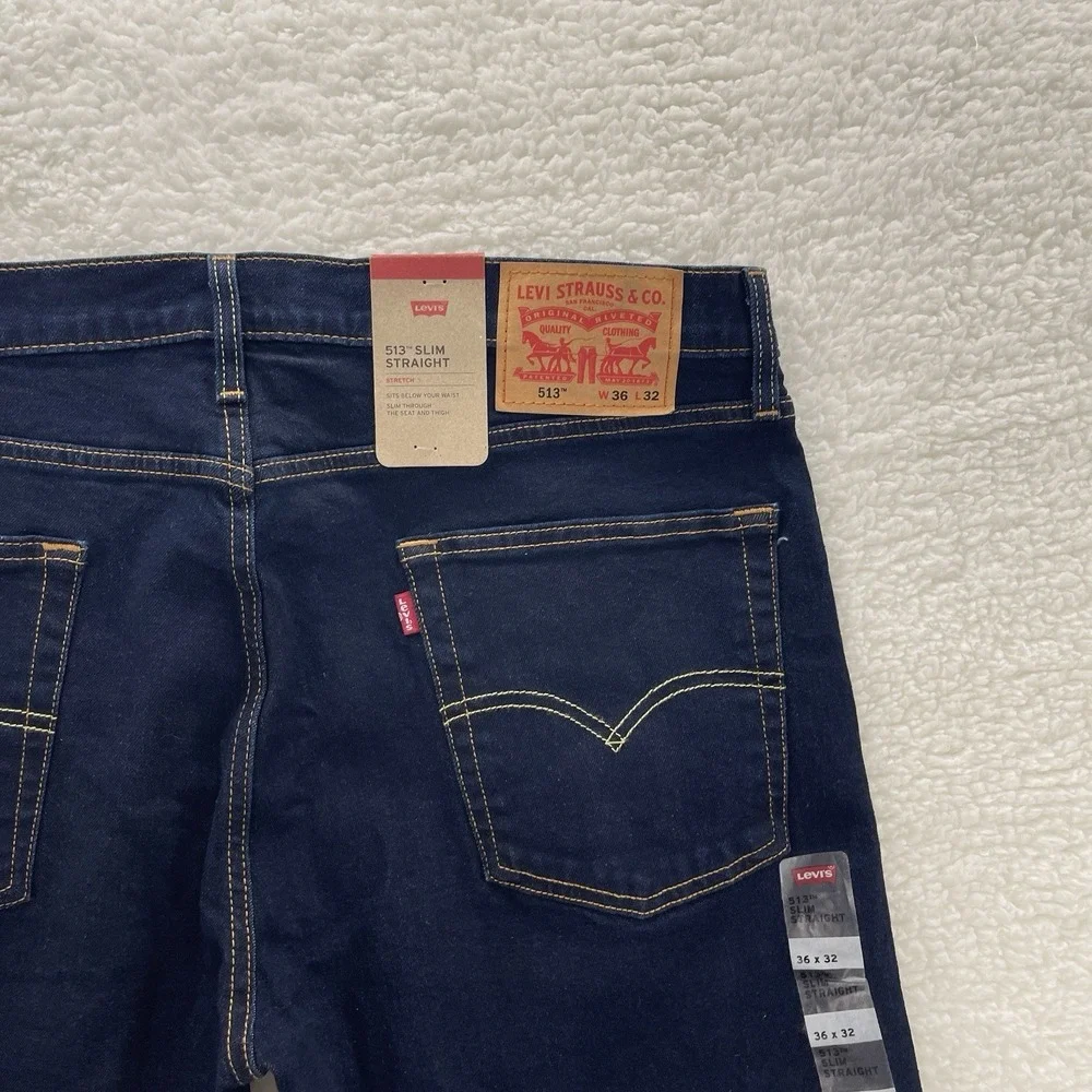 Levis  513 Jeans Mens 36x32 Blue Slim Fit Dark Wash Stretch Denim Preppy NEW